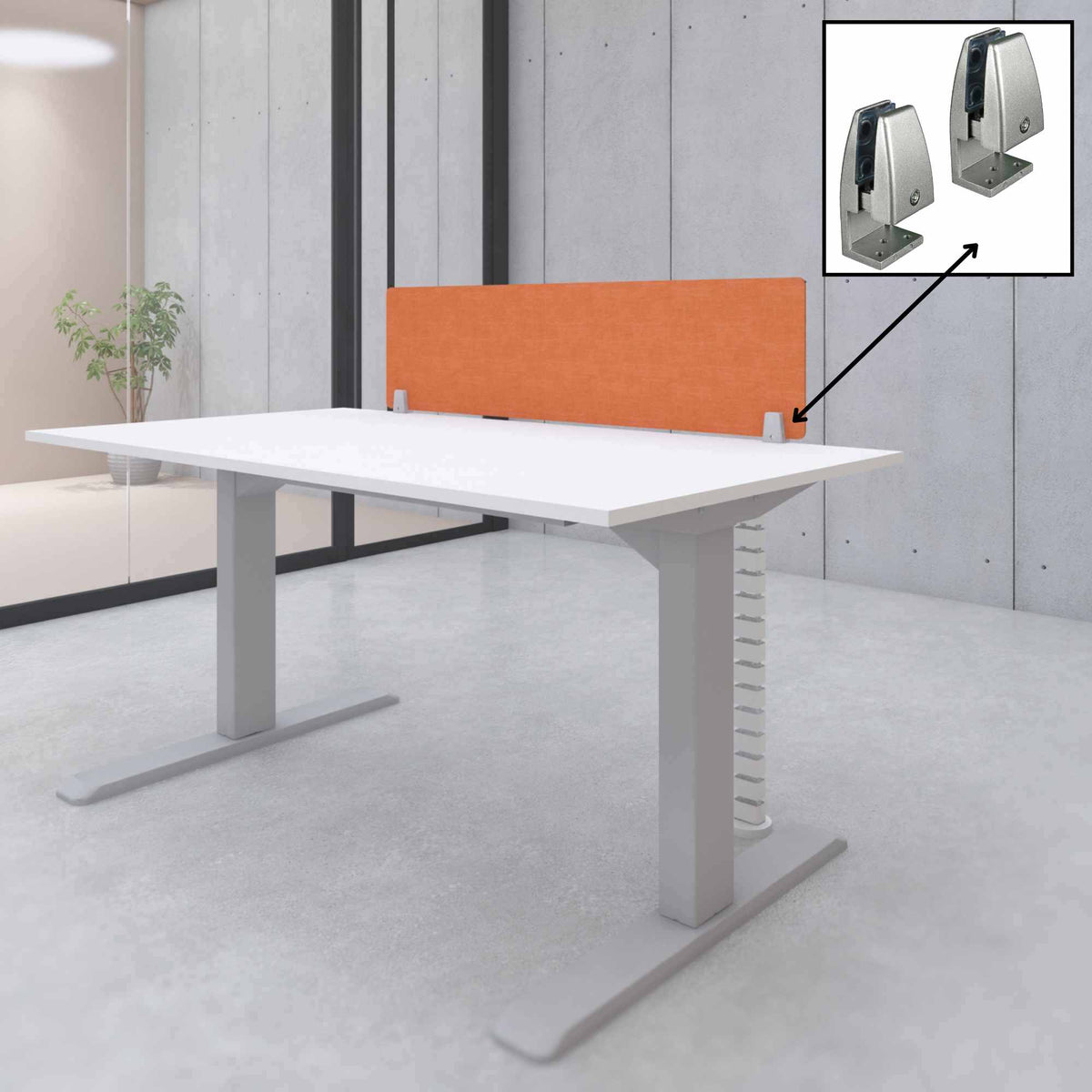 Desk Top Privacy Screen Brackets - Edge Mount - Showing the Privacy Screen attached to the Edge Mount Bracket