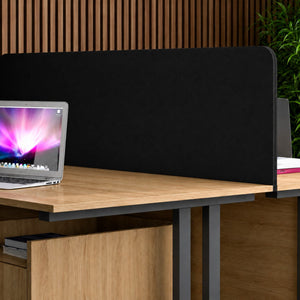 Desk top screen for privacy in black fabric mounted on a wood office desk