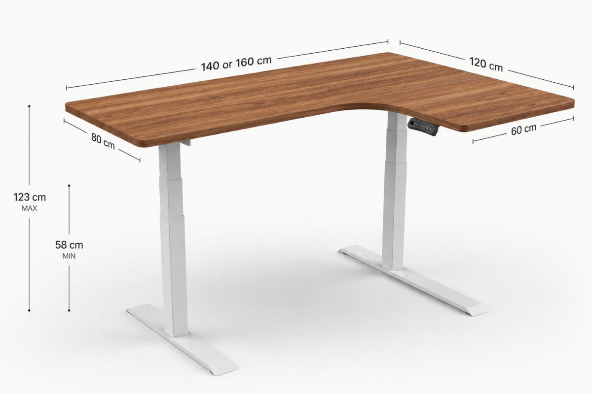 Dimensions diagram for the Rize small sit stand corner desk viewed from the front