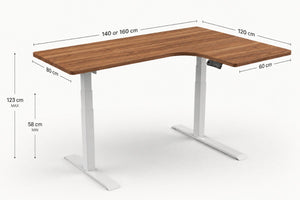 Dimensions diagram for the Rize small sit stand corner desk viewed from the front