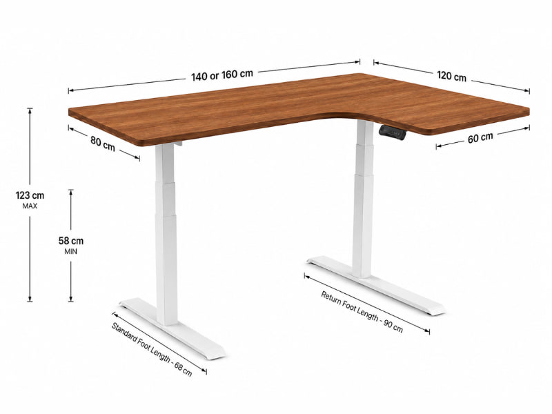 Dimensions diagram for the Rize small sit stand corner desk viewed from the front shown