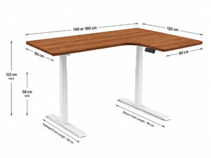 Dimensions diagram for the Rize small sit stand corner desk viewed from the front shown