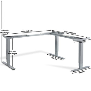 Dimensions of the Lavoro Advance corner adjustable desk frame shown from the front elevation