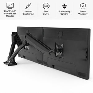 Double monitor arm with gas spring, swivel and mounting options