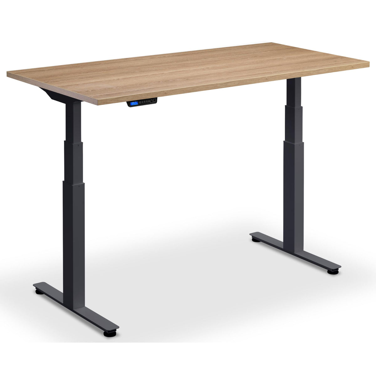 Dual Motor Height Adjustable Desk - Rize2 - Anthracite Frame - Brown Oak Top - Studio Image