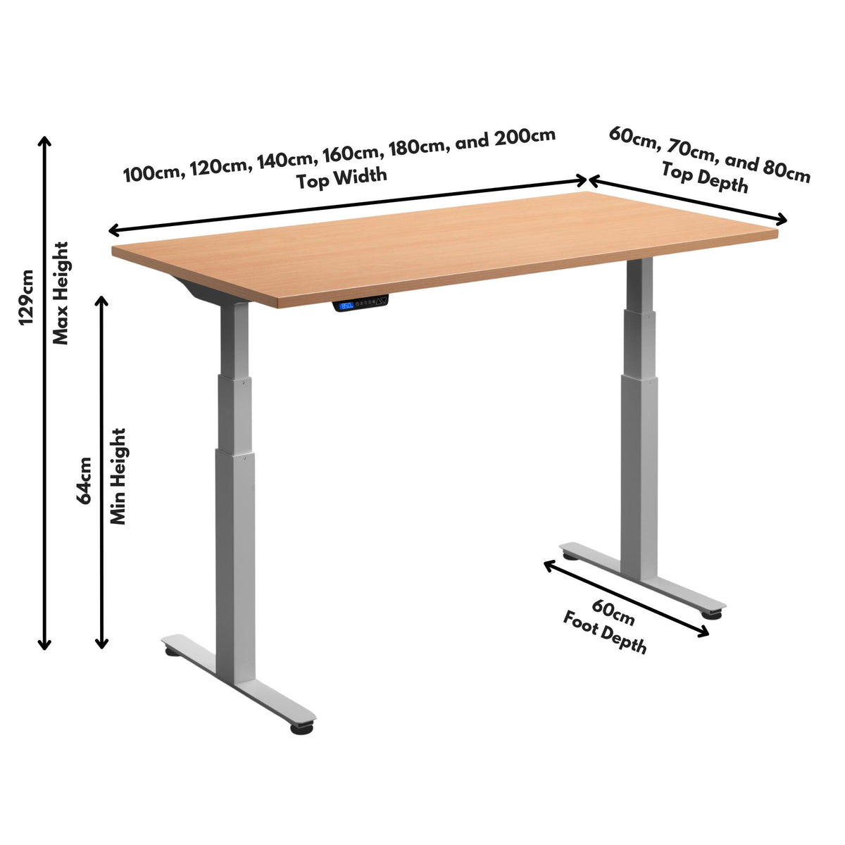 Dual Motor Sit Stand Desk - Rize 2 Dimensions