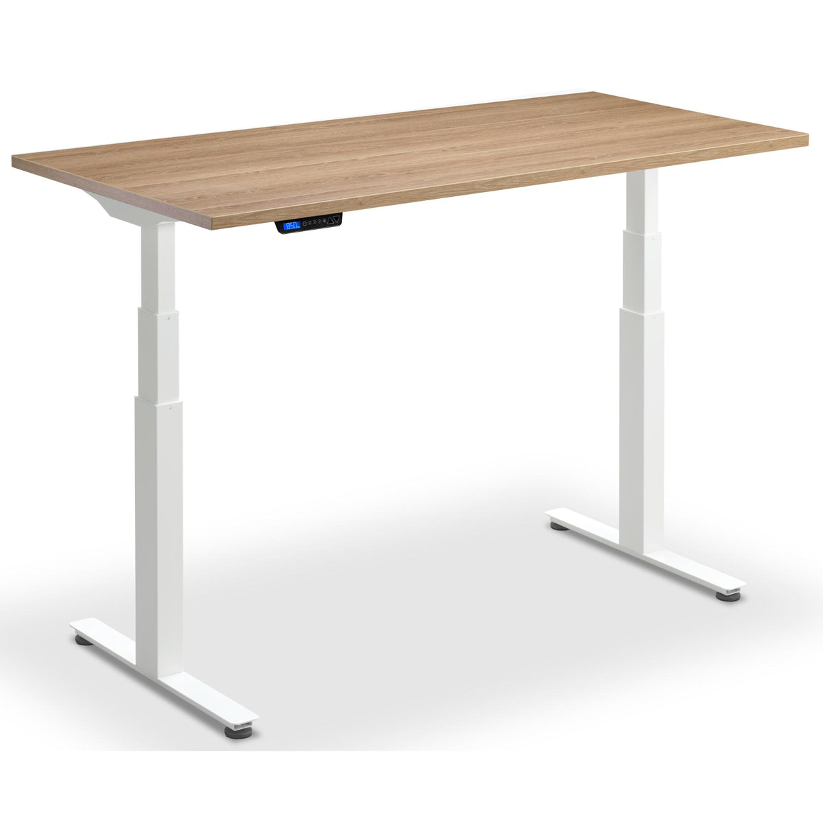 Dual Motor Standing Desk - Rize2 - White Frame - Brown Oak Top - Studio Image