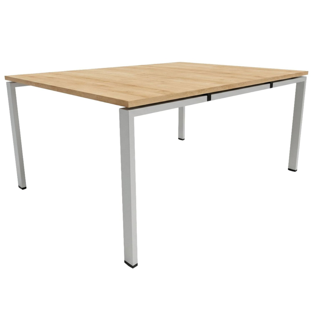 Dual bench desk for 2 people with oak top and silver frame on a plain white background