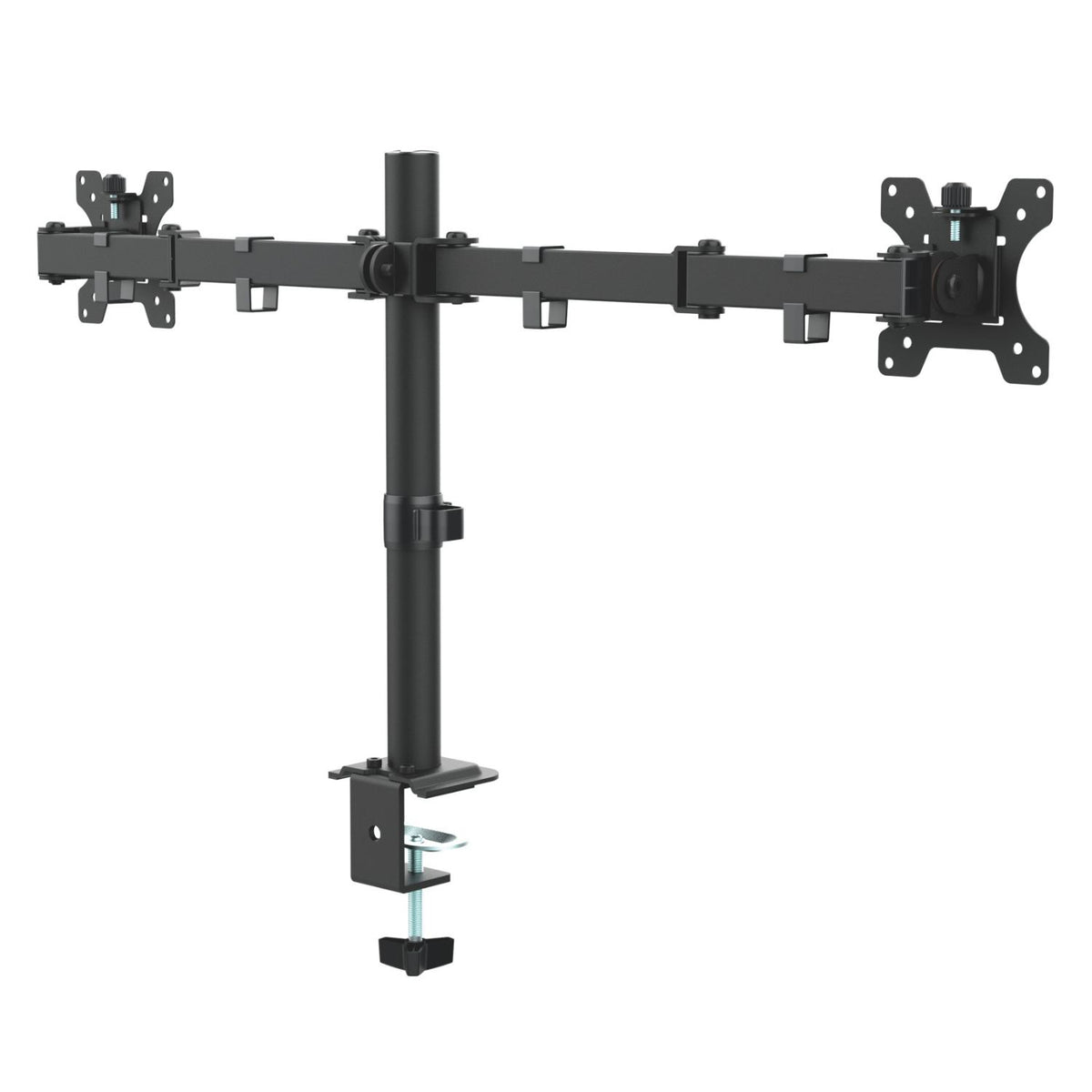 Dual monitor arm in black shown at an angle with adjustable arms, VESA mounts and desk clamp