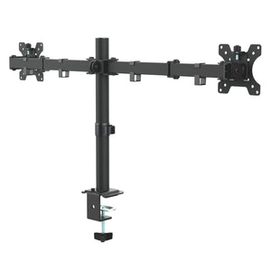 Dual monitor arm in black shown at an angle with adjustable arms, VESA mounts and desk clamp