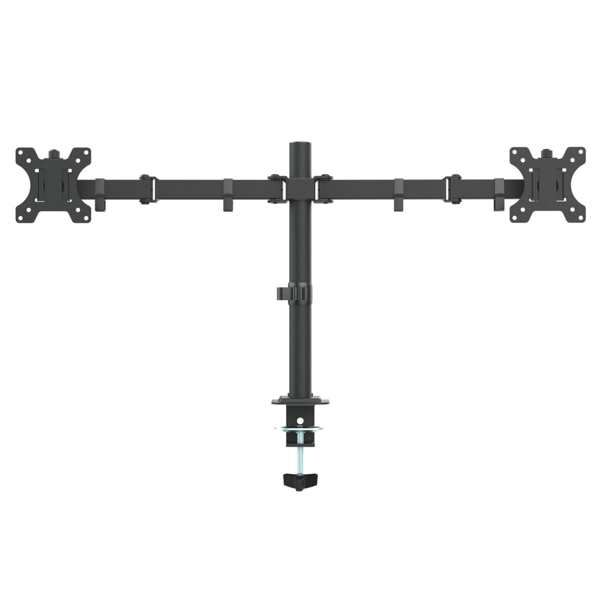 Dual monitor arm in black shown from the front with two extended arms and VESA mounting plates
