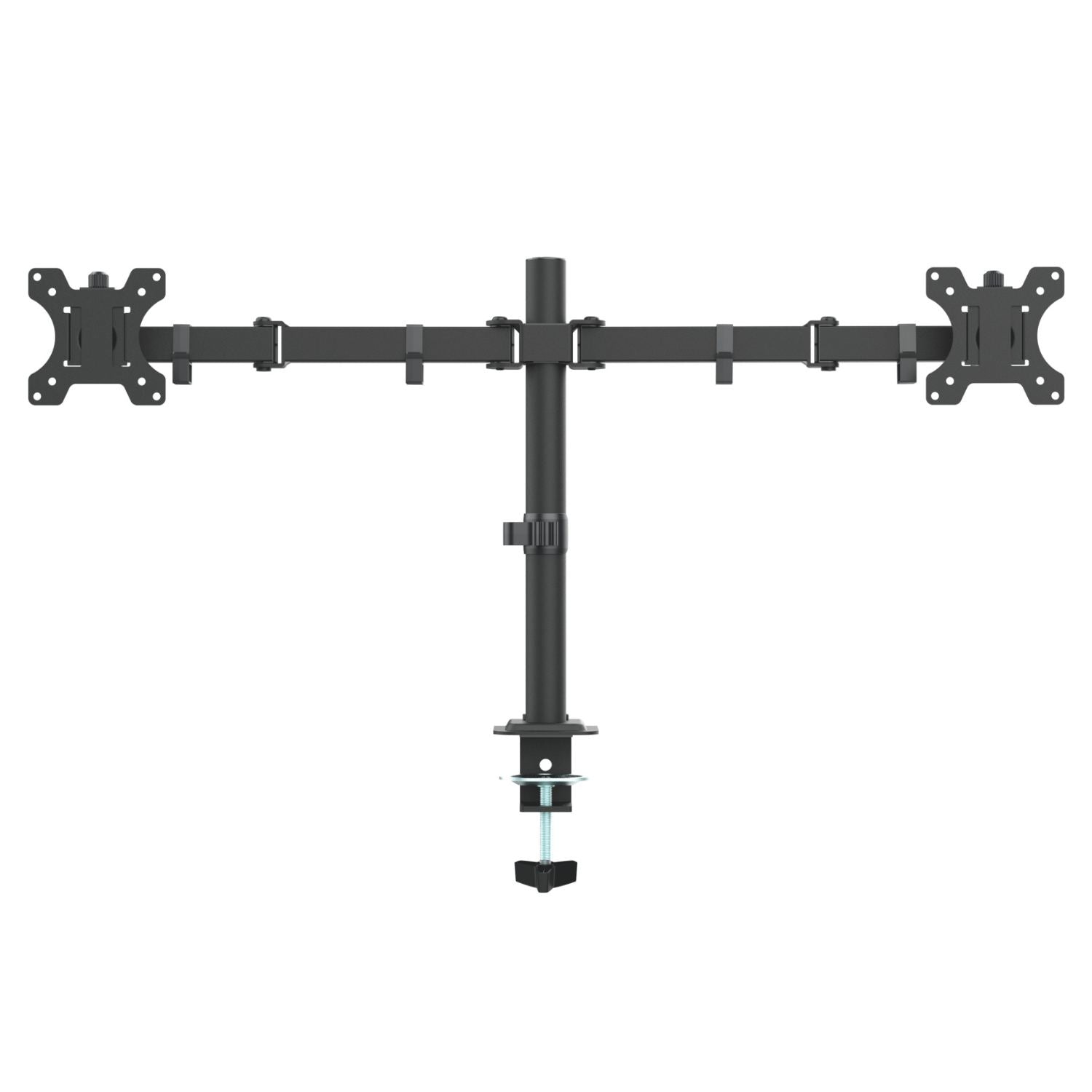 Dual monitor arm in black shown from the front with two extended arms and VESA mounting plates