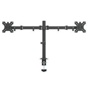Dual monitor arm in black shown from the front with two extended arms and VESA mounting plates