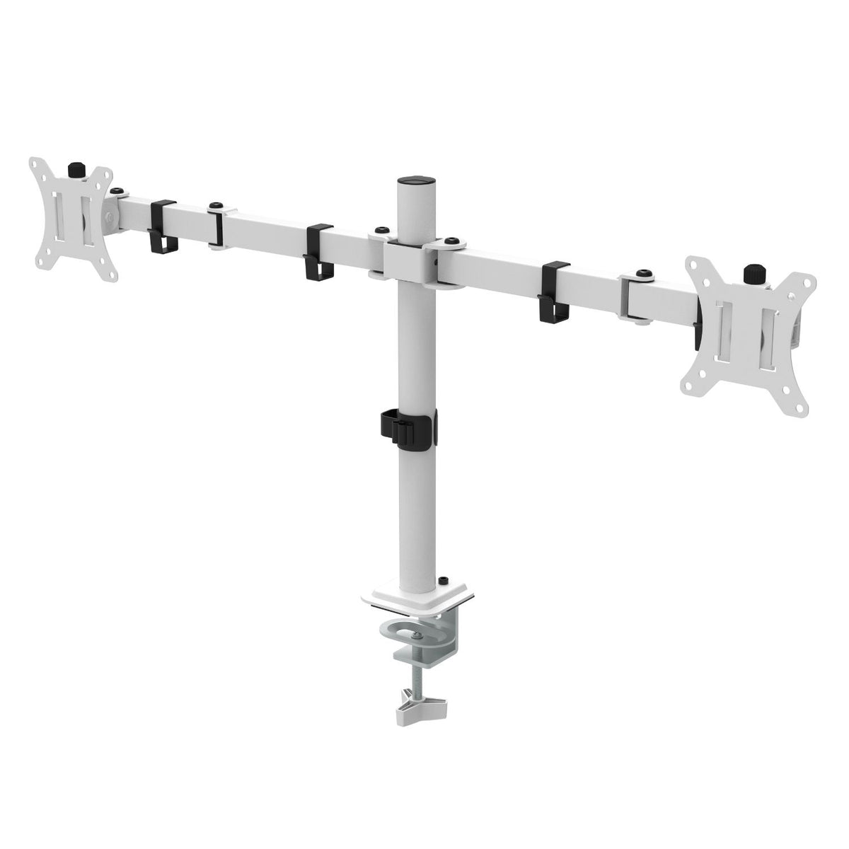 Dual monitor arm in white with two adjustable arms, VESA mounting plates and clamp mount