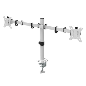 Dual monitor arm in white with two adjustable arms, VESA mounting plates and clamp mount