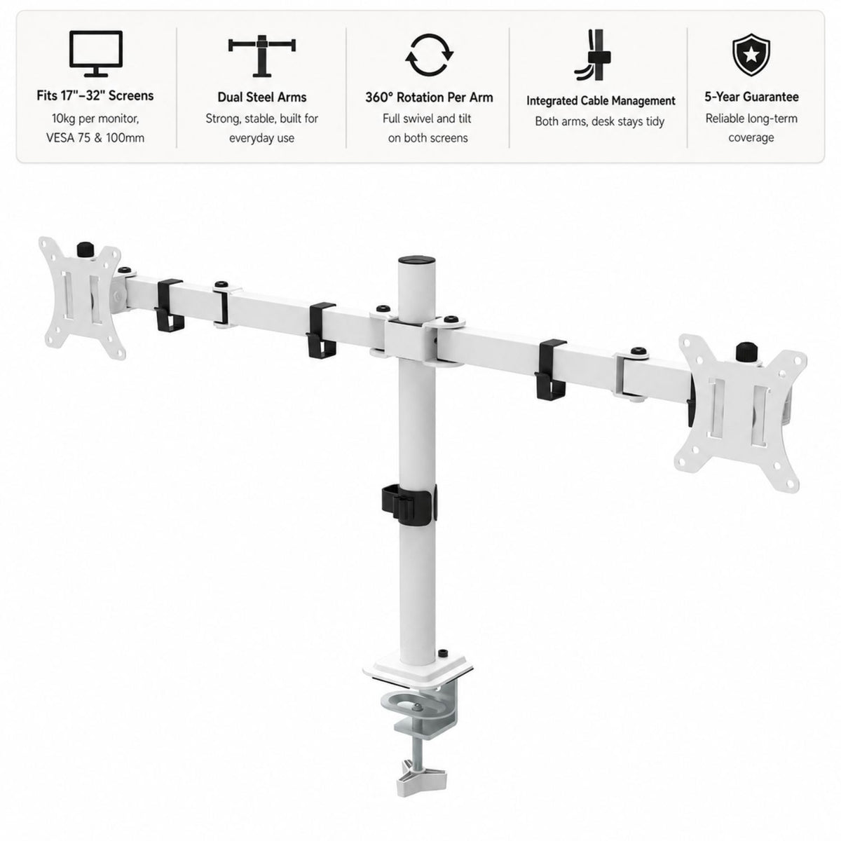 Dual monitor arm showing screen compatibility, dual steel arms, 360 degree rotation, integrated cable management and 5-year guarantee