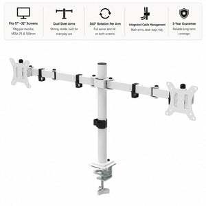 Dual monitor arm showing screen compatibility, dual steel arms, 360 degree rotation, integrated cable management and 5-year guarantee