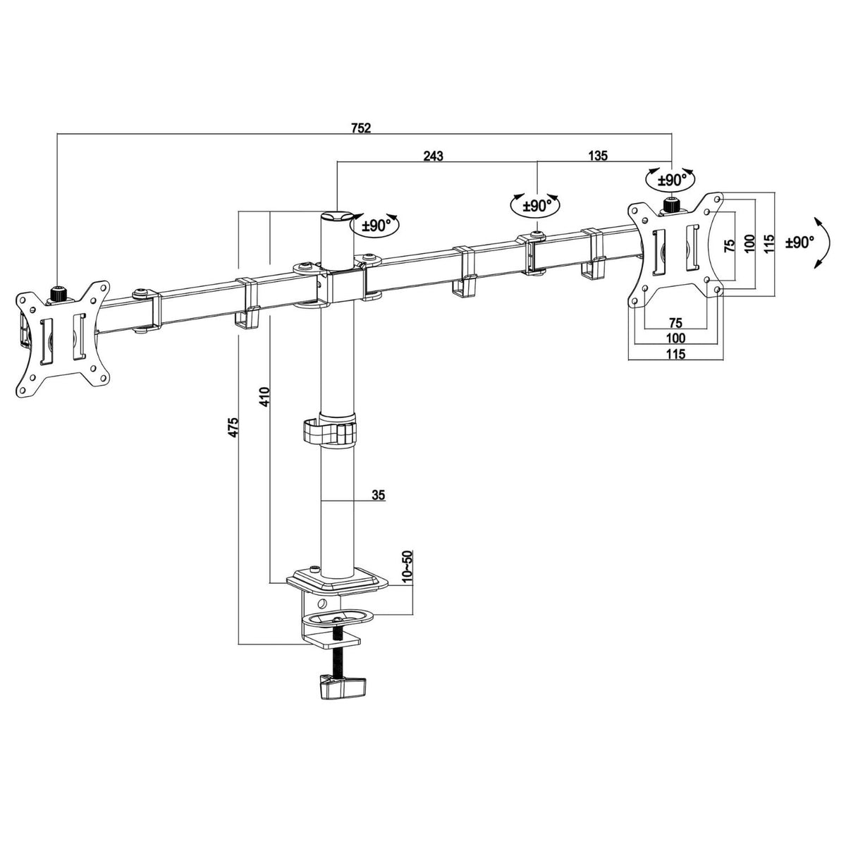 Dual monitor arm technical drawing showing overall width, height, arm reach, VESA dimensions and adjustment angles