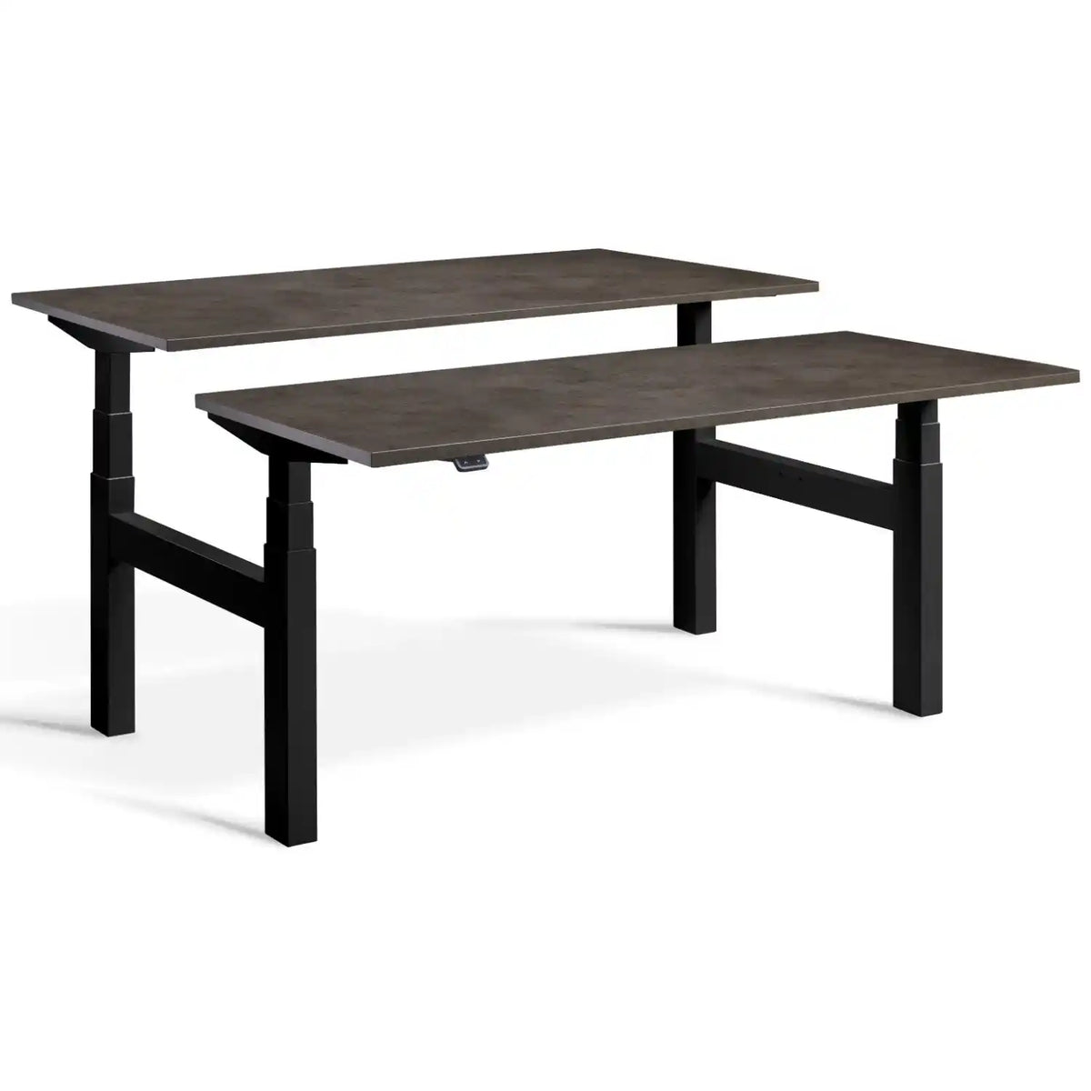 Duo adjustable desk with black frame and Dark Concrete desk tops