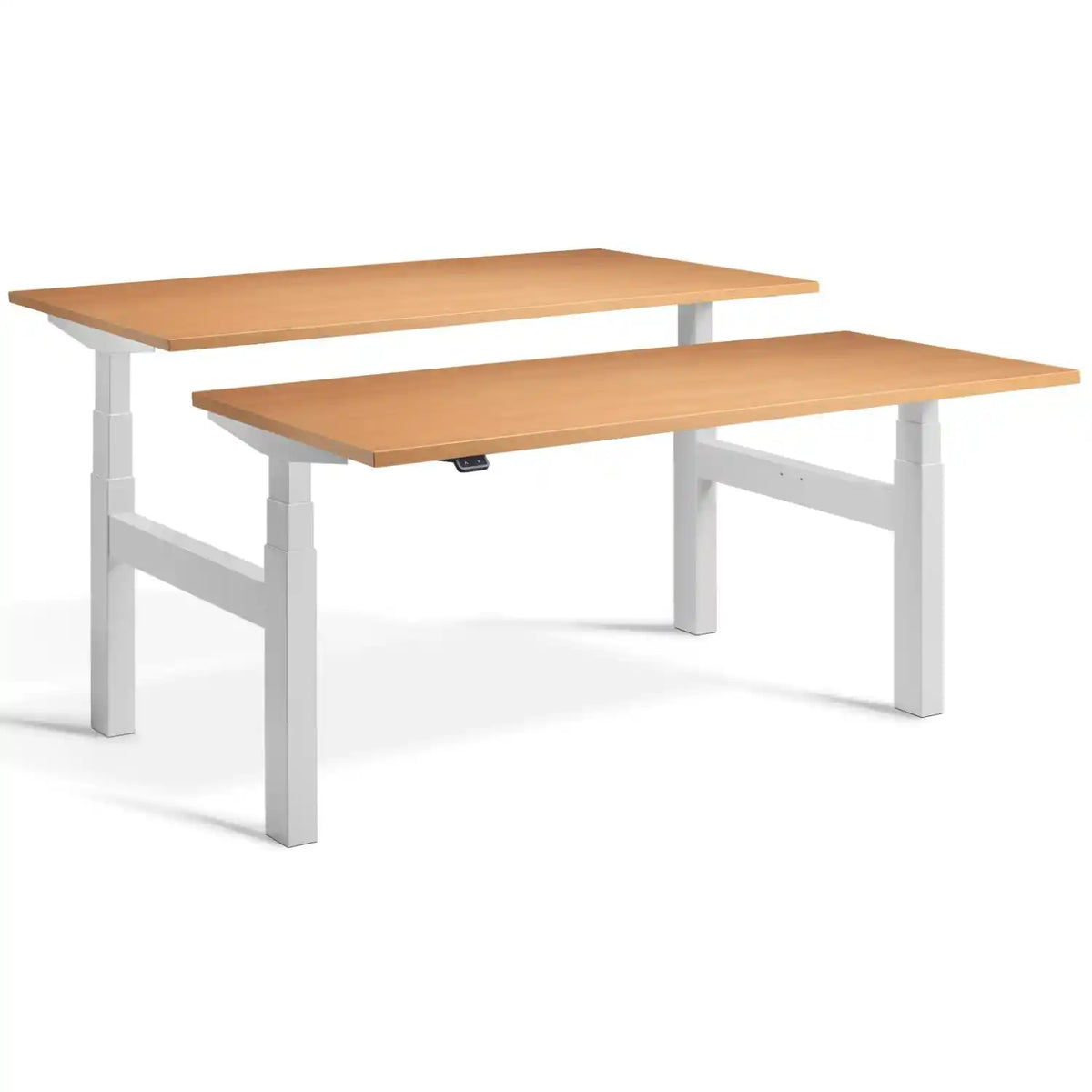 Duo adjustable desk with light grey frame and Beech desk tops