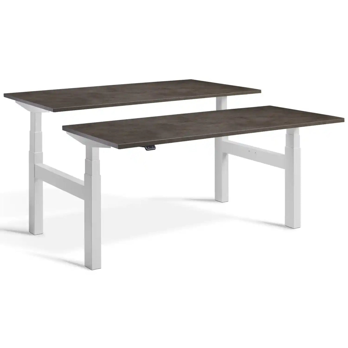 Duo adjustable desk with light grey frame and Dark Concrete desk tops