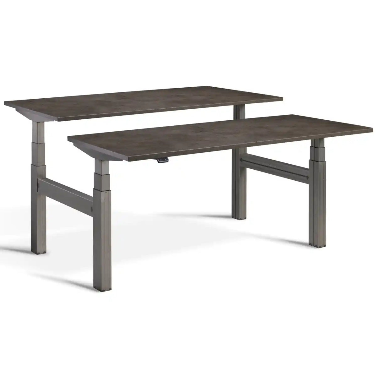 Duo adjustable desk with raw steel frame and Dark Concrete desk tops