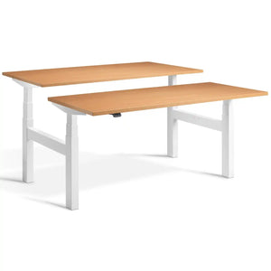 Duo adjustable desk with white frame and Beech desk tops