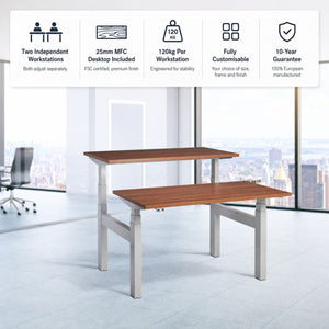 Duo adjustable desk with white frame and walnut desk tops