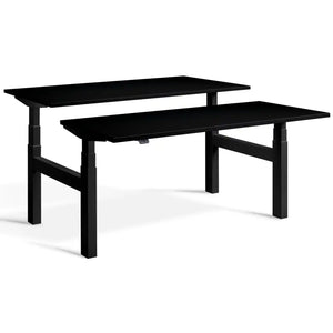 Duo height adjustable workstation with black frame and Black desk tops