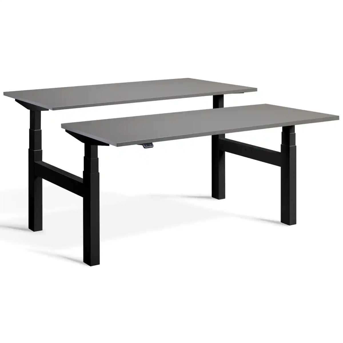 Duo height adjustable workstation with black frame and Graphite desk tops