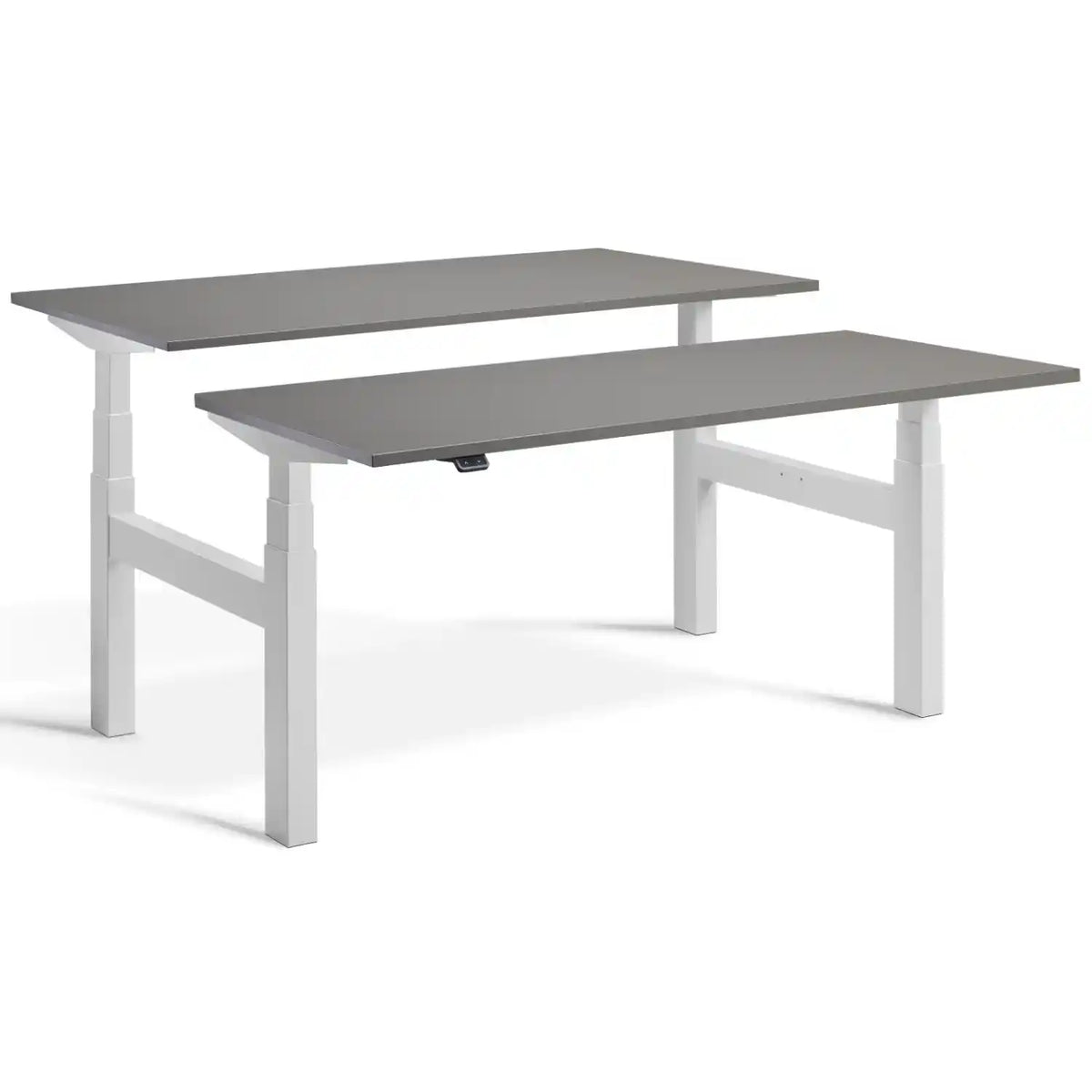 Duo height adjustable workstation with light grey frame and Graphite desk tops