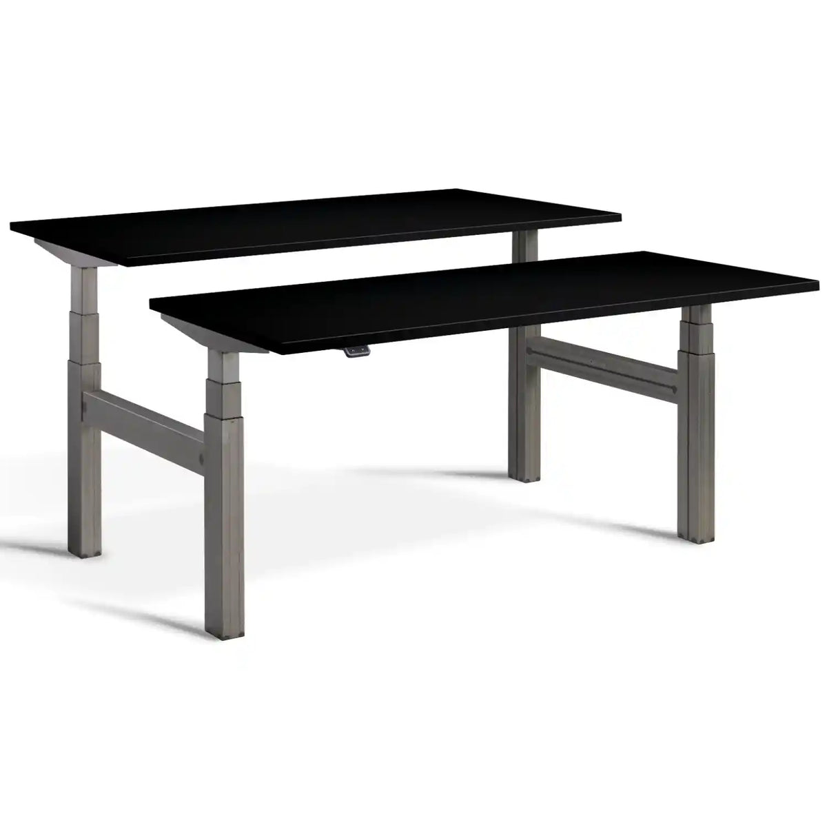 Duo height adjustable workstation with raw steel frame and Black desk tops