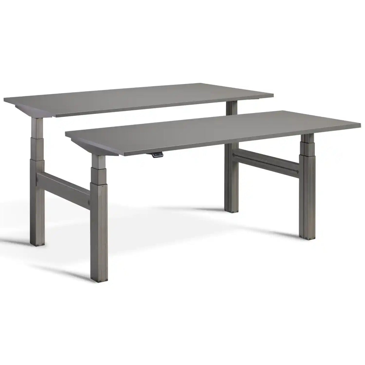 Duo height adjustable workstation with raw steel frame and Graphite desk tops