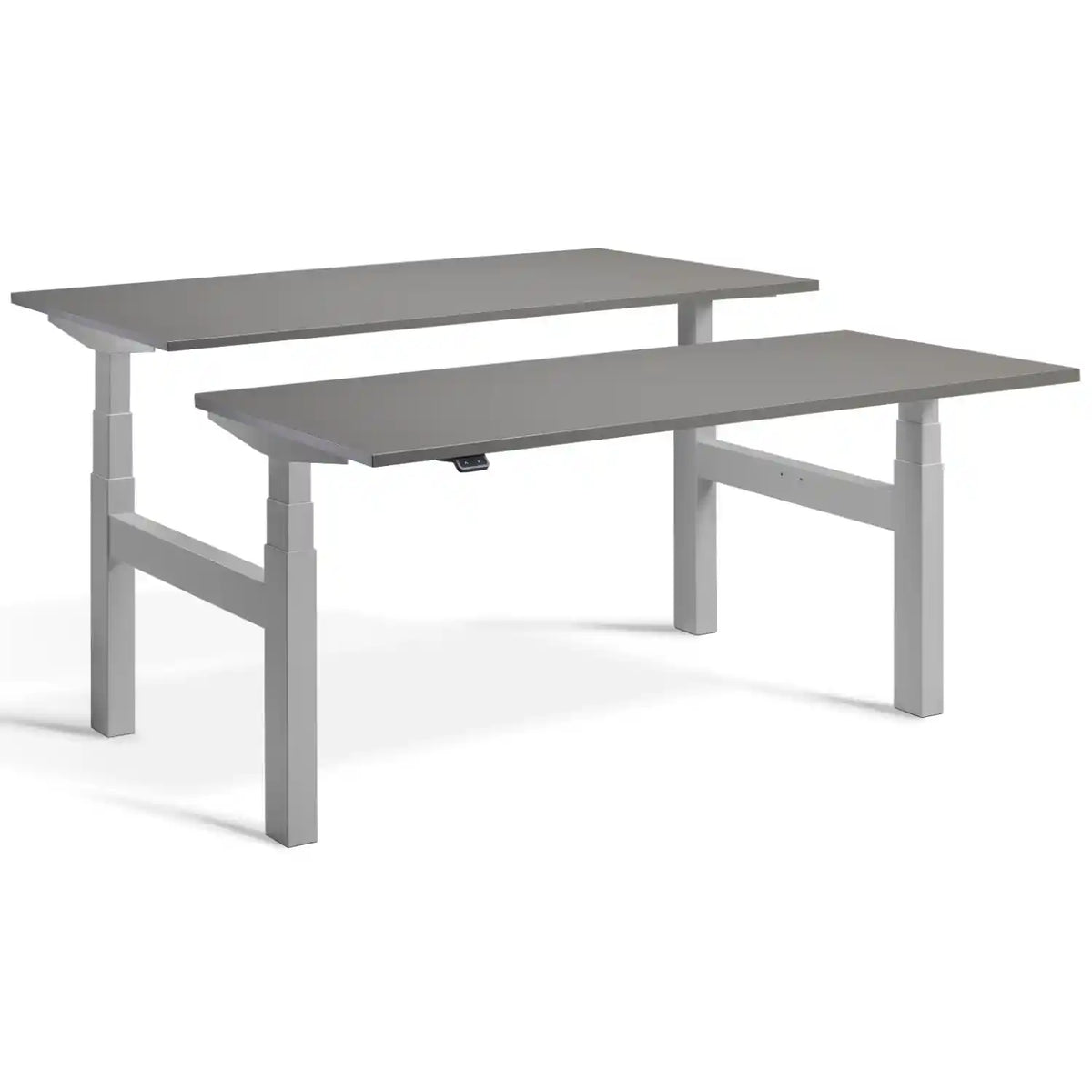 Duo height adjustable workstation with silver frame and Graphite desk tops