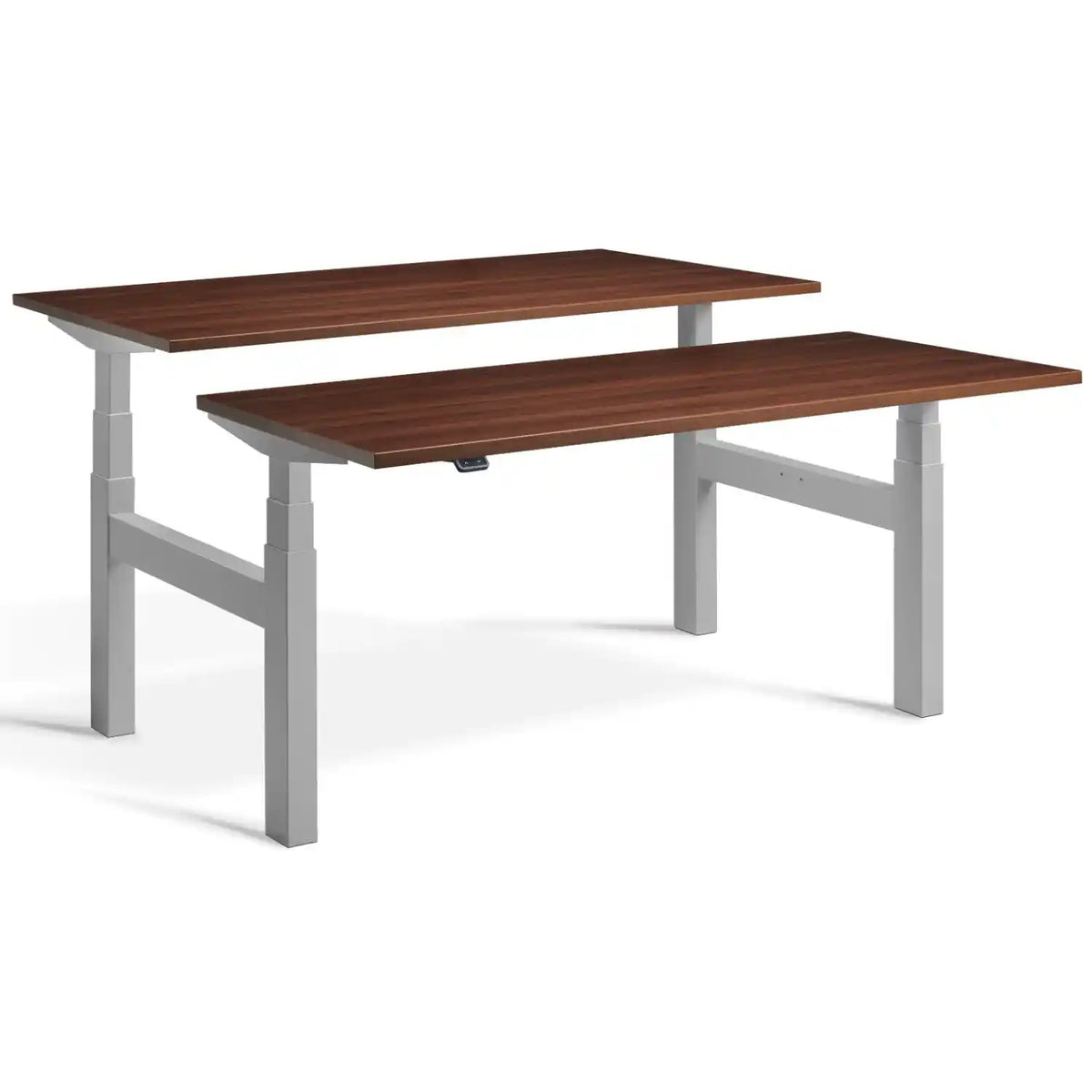 Duo height adjustable workstation with silver frame and Natural Dijon Walnut desk tops
