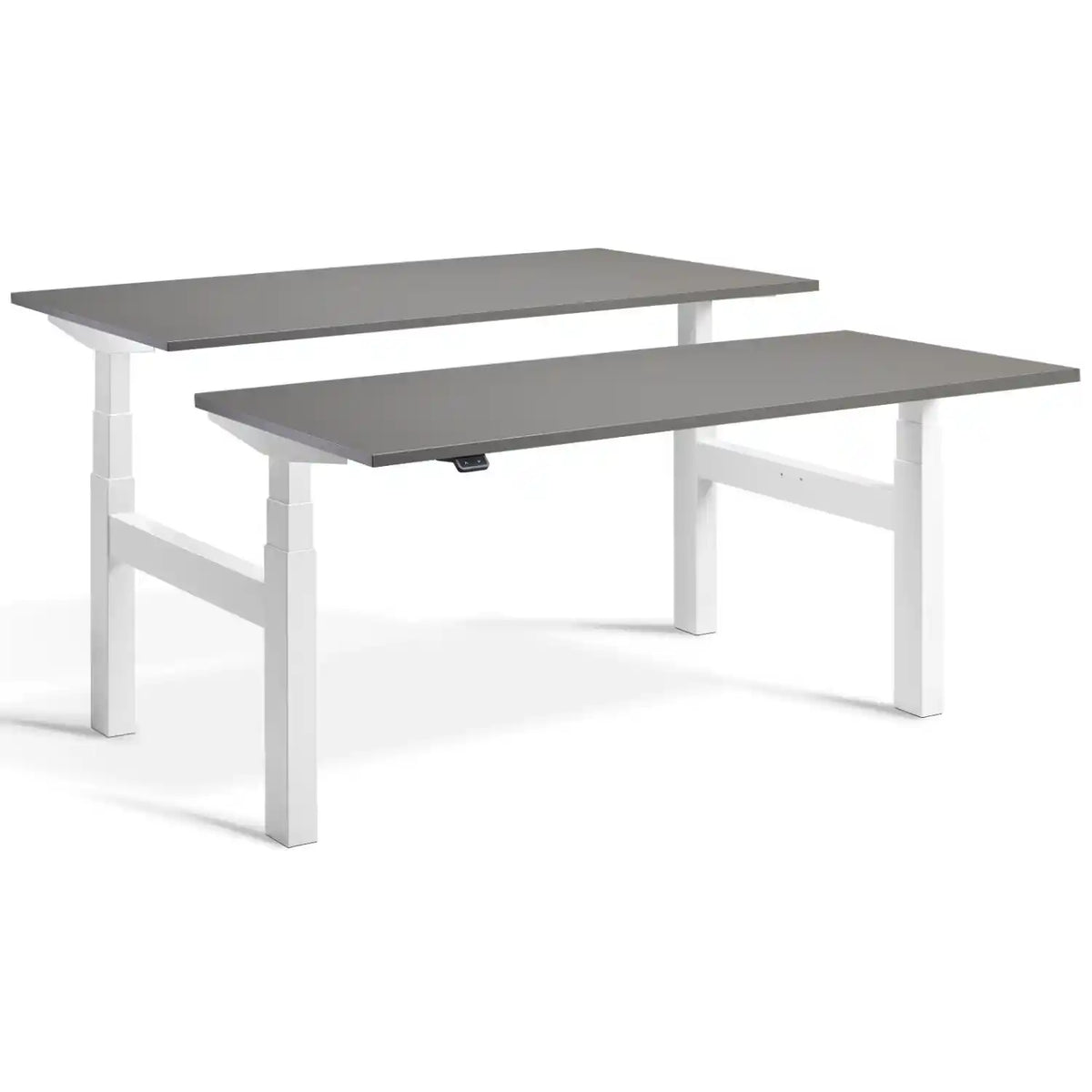 Duo height adjustable workstation with white frame and Graphite desk tops