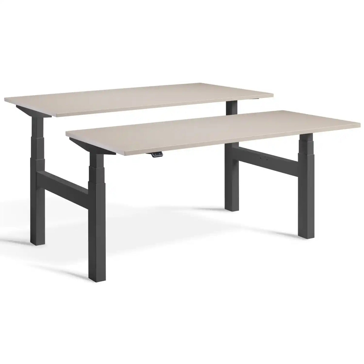 Duo sit stand desk with dark grey frame and Stone desk tops