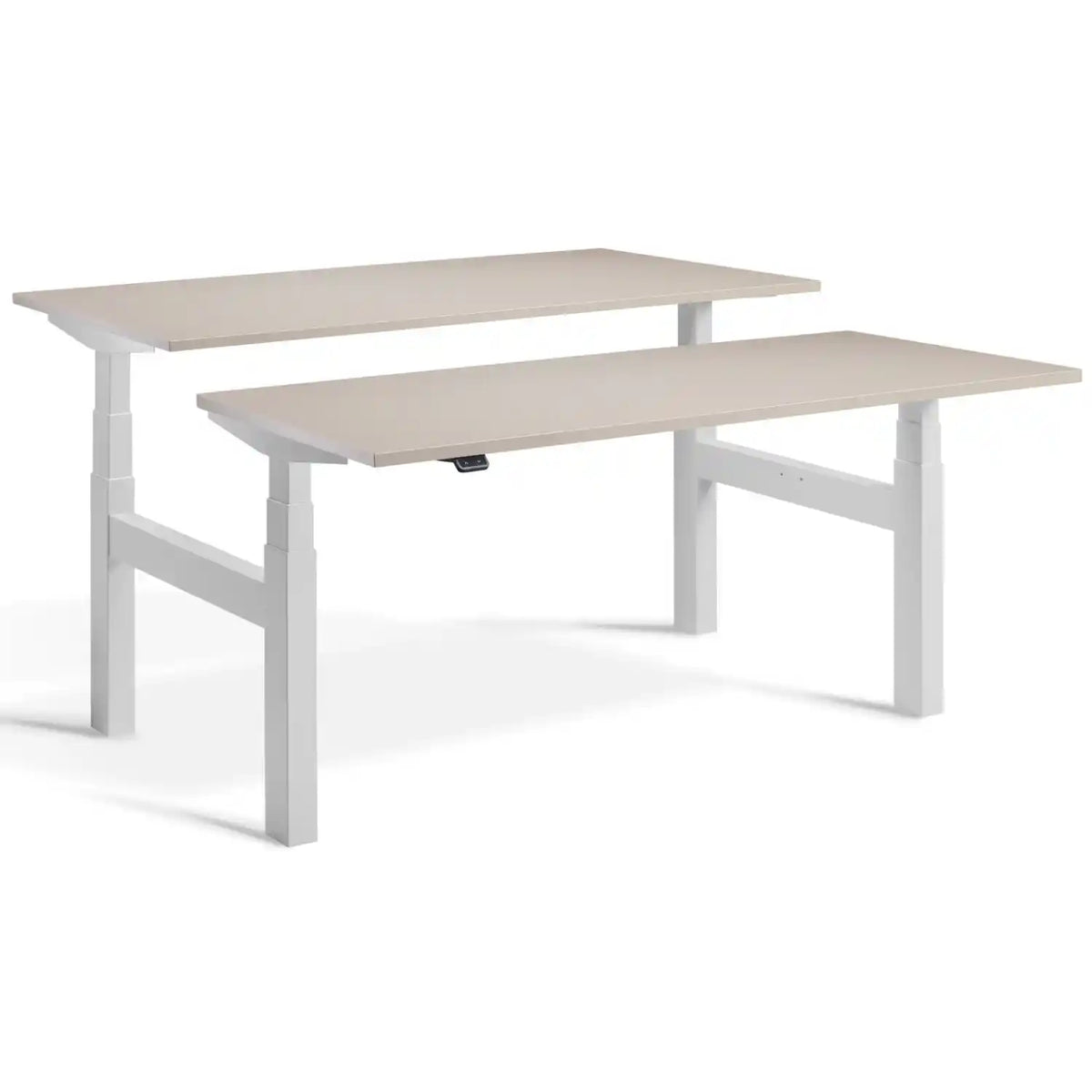 Duo sit stand desk with light grey frame and Stone desk tops