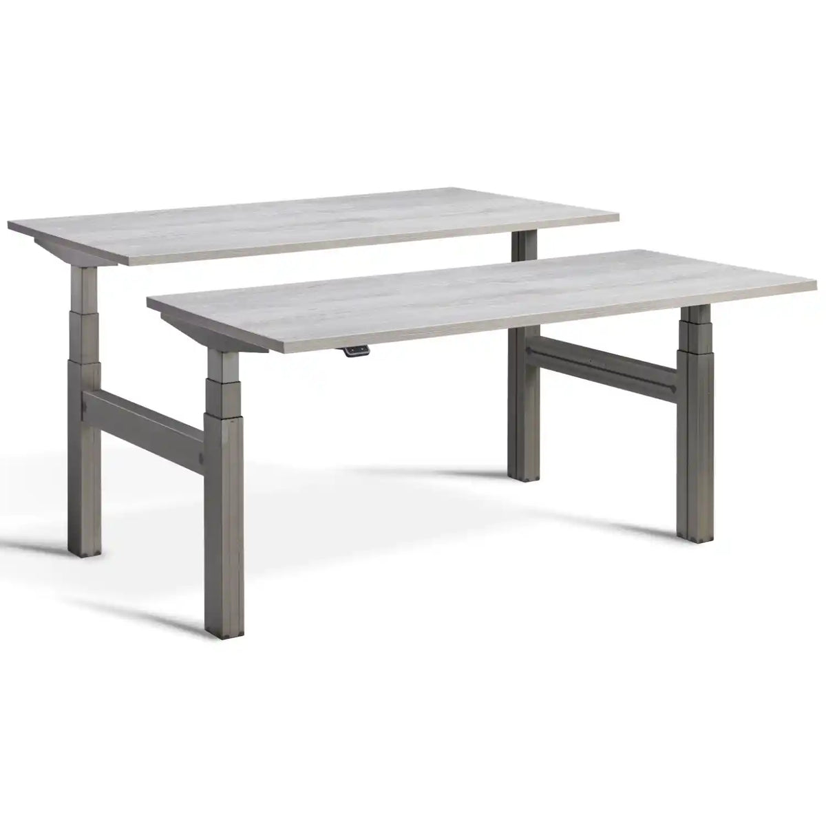 Duo sit stand desk with raw steel frame and Cascina Pine desk tops