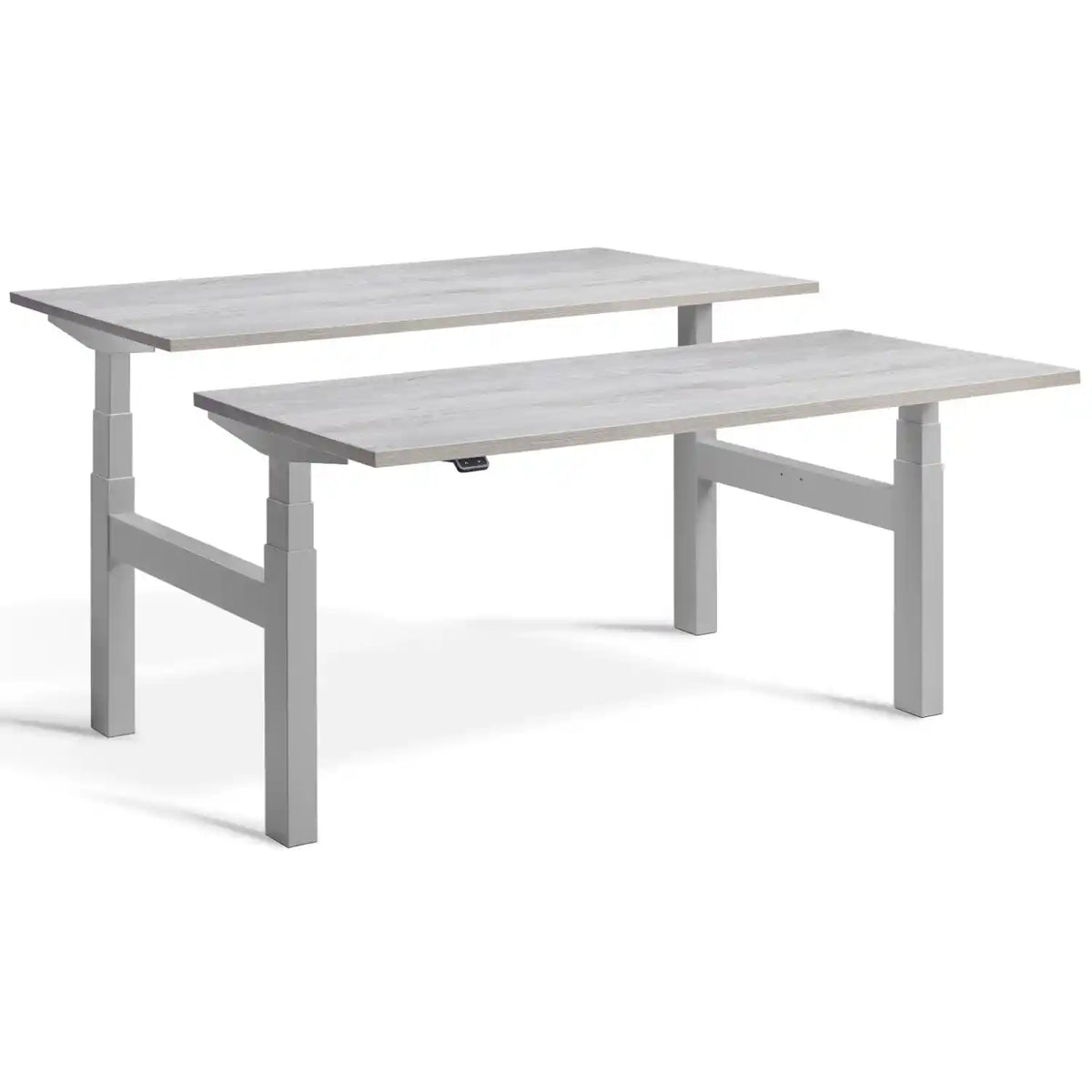 Duo sit stand desk with silver frame and Cascina Pine desk tops