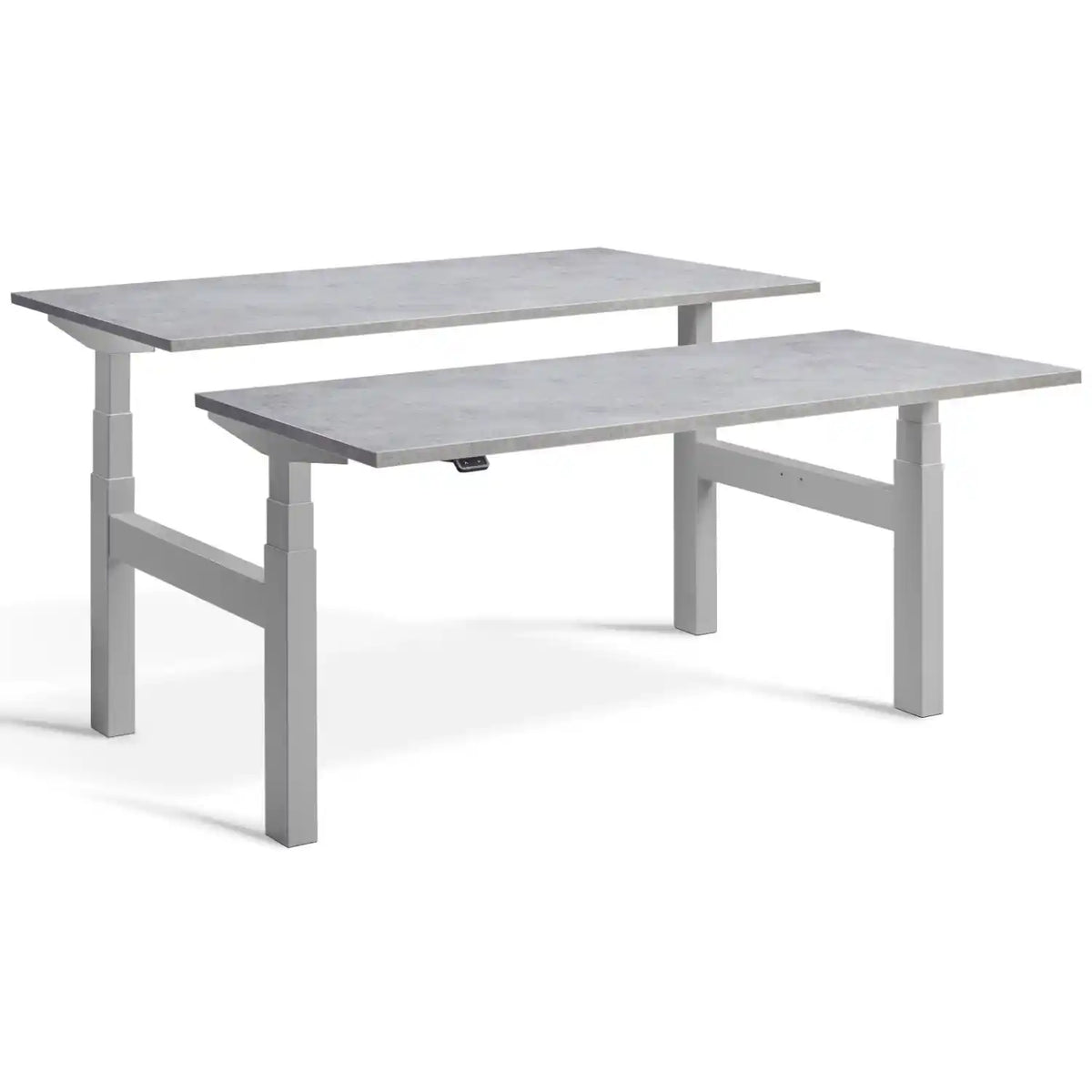 Duo sit stand desk with silver frame and Light Concrete desk tops