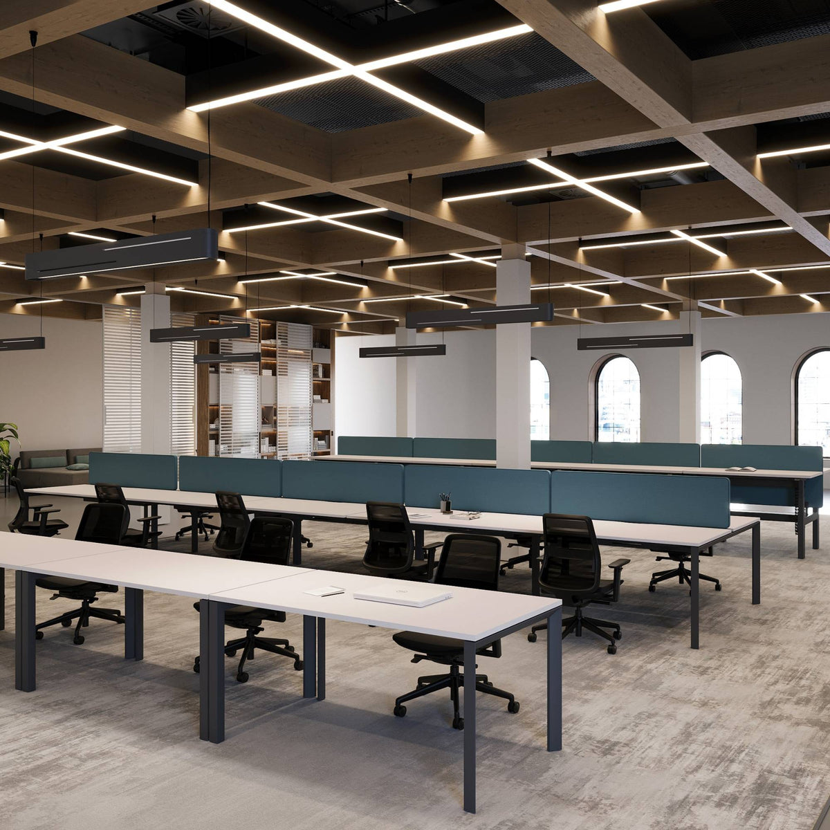 Eight Person Bench Desk - Firmo Multiple Desks - White Table - Office Setup - Front Side View