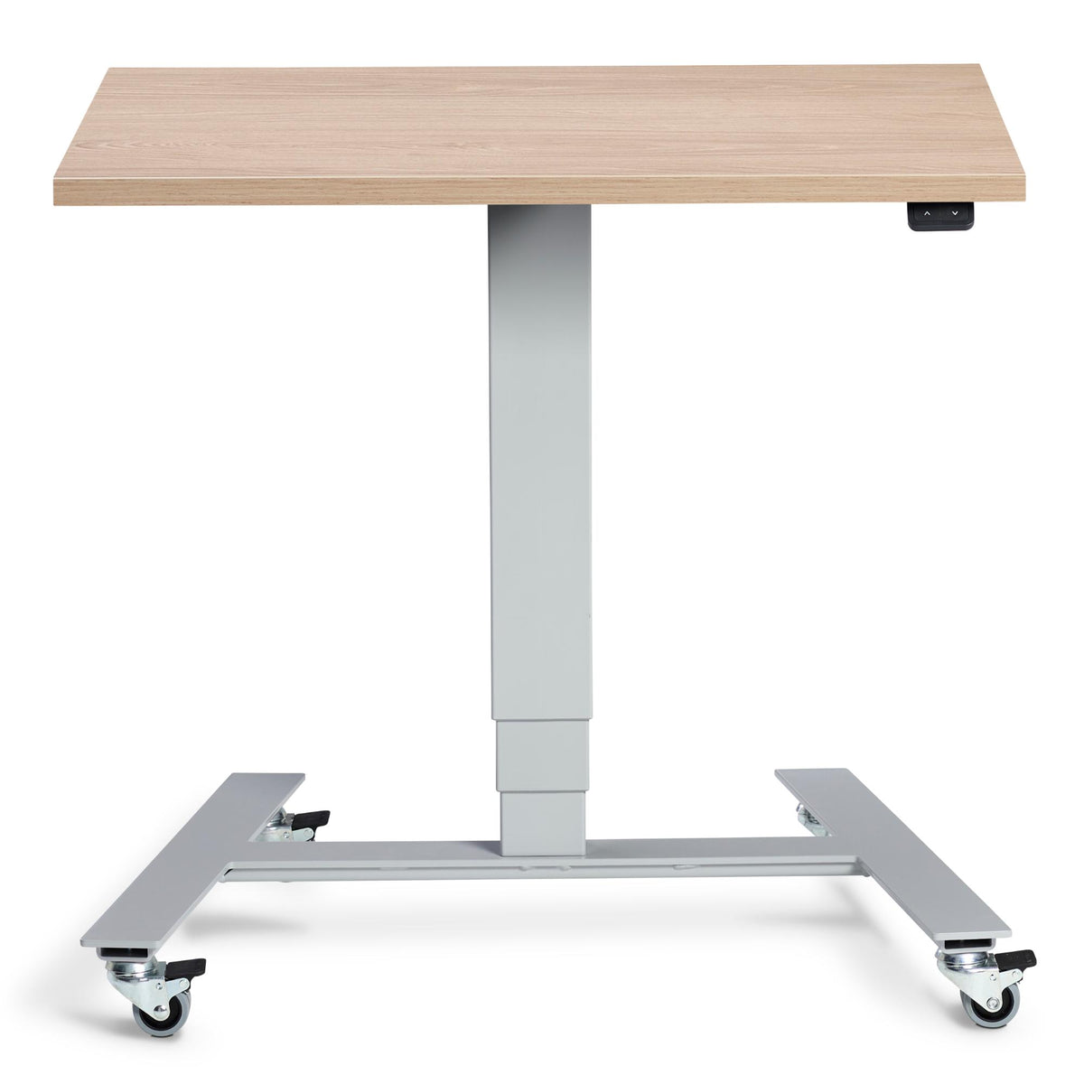 Electric Standing Desk On Wheels - Rova - Silver Frame - Natural Oak Top - Studio Image