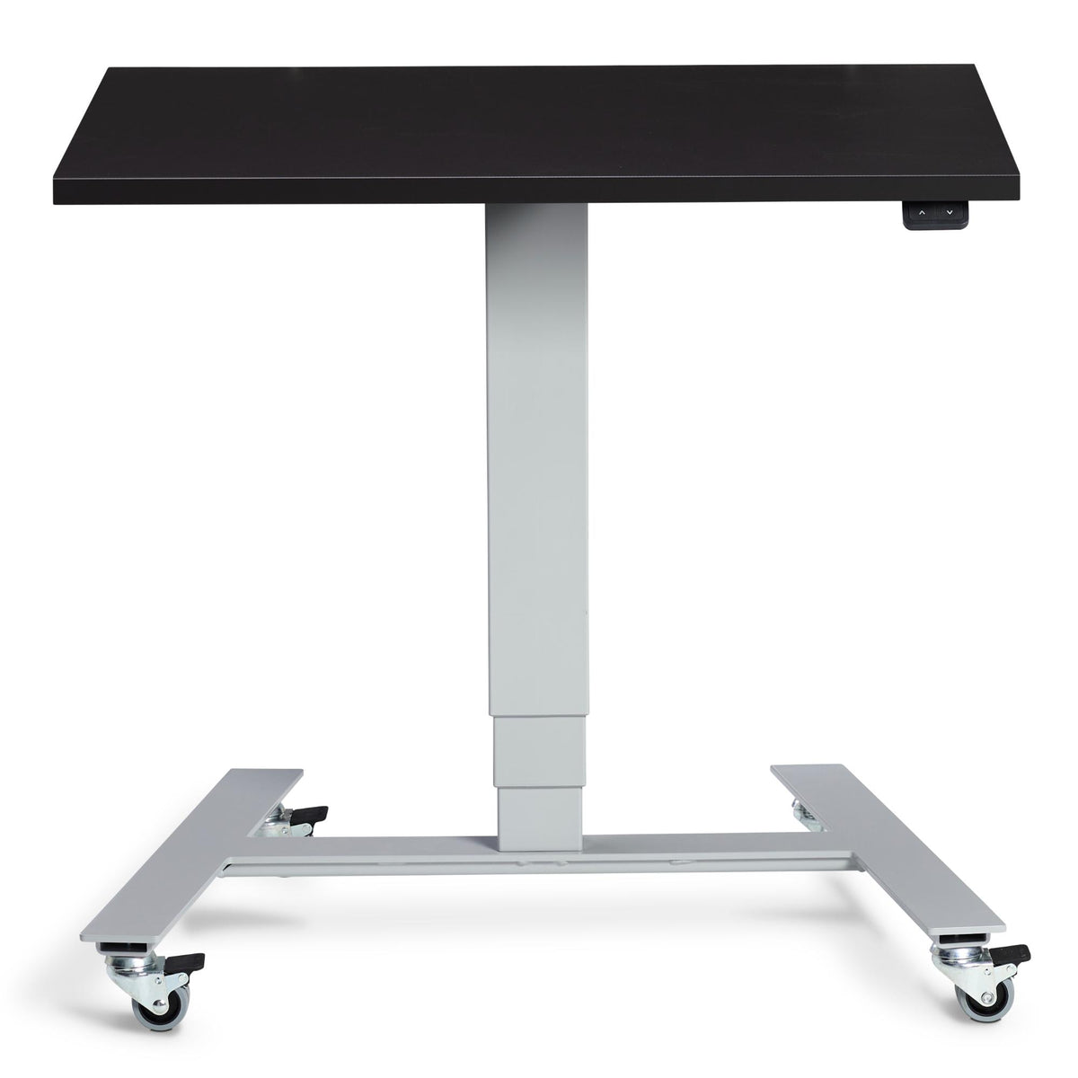 Electric Standing Desk On Wheels - Rova - Silver Frame - Soft Black Top - Studio Image