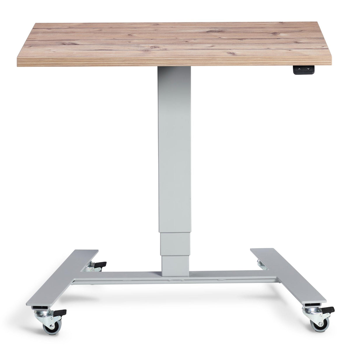 Electric Standing Desk On Wheels - Rova - Silver Frame - Timber Top - Studio Image