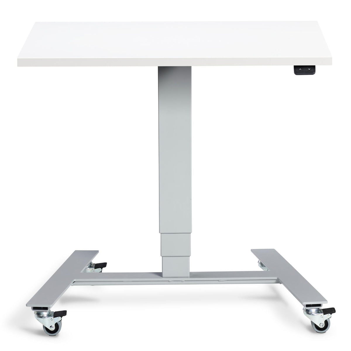 Electric Standing Desk On Wheels - Rova - Silver Frame - White Top - Studio Image