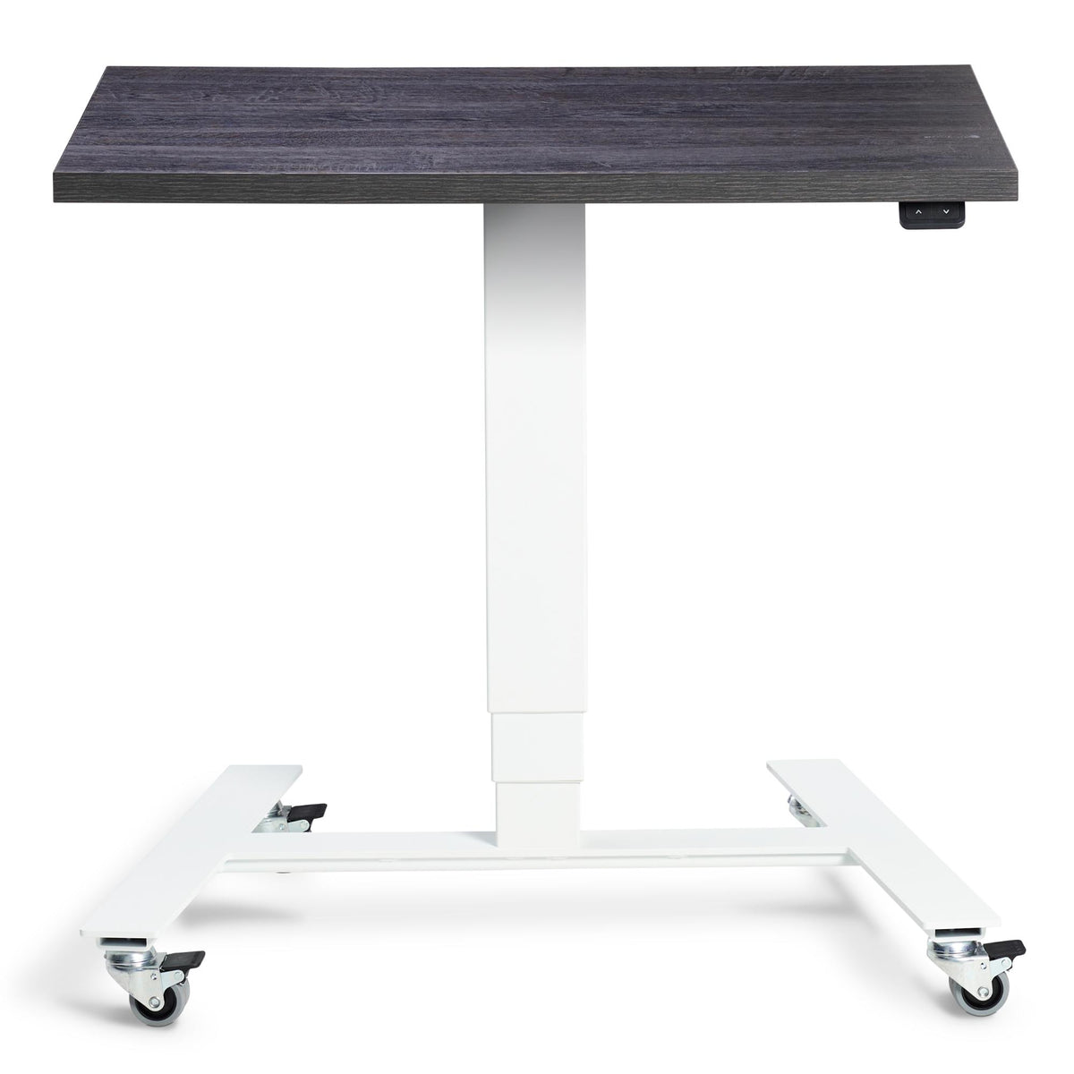Electric Standing Desk On Wheels - Rova - White Frame - Anthracite Sherman Oak Top - Studio Image