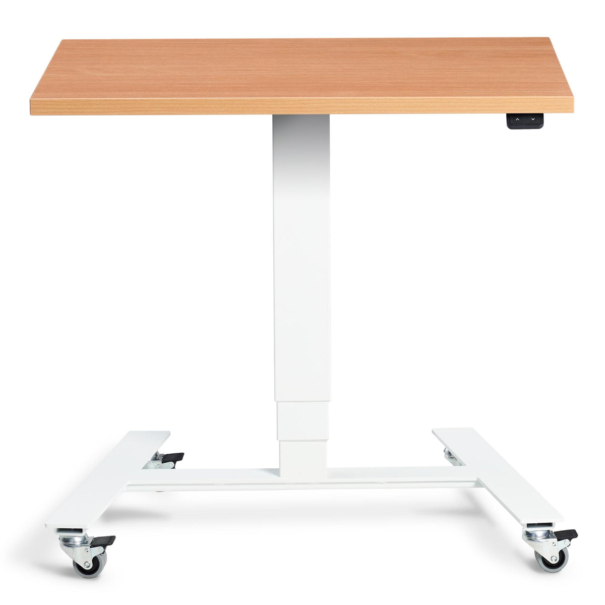 Electric Standing Desk On Wheels - Rova - White Frame - Beech Top - Studio Image