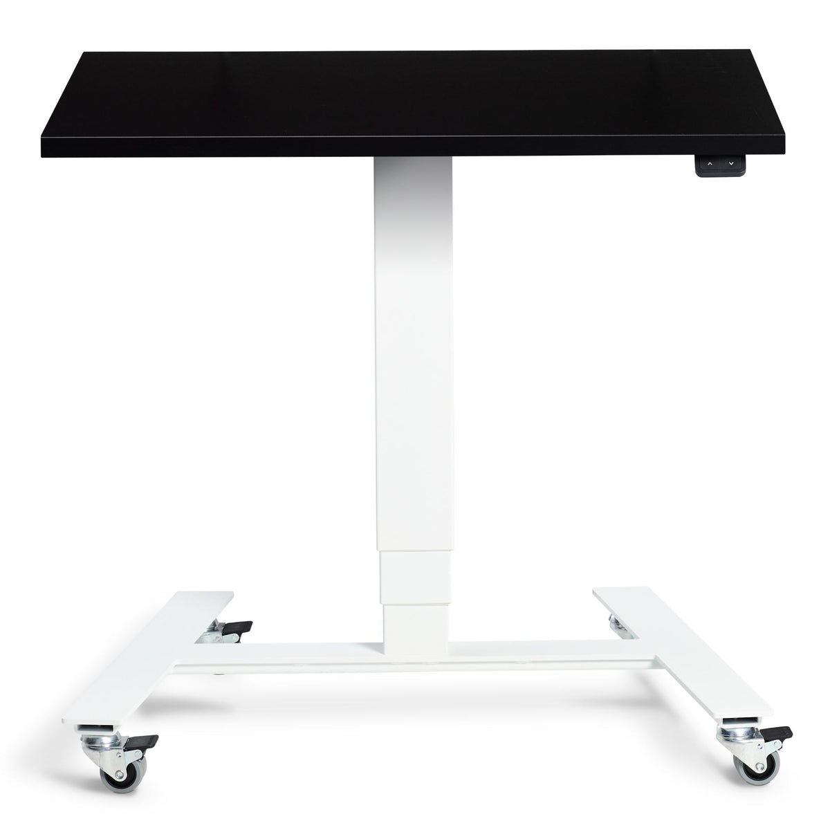 Electric Standing Desk On Wheels - Rova - White Frame - Black Top - Studio Image