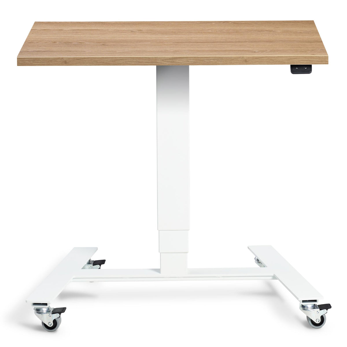 Electric Standing Desk On Wheels - Rova - White Frame - Brown Oak Top - Studio Image